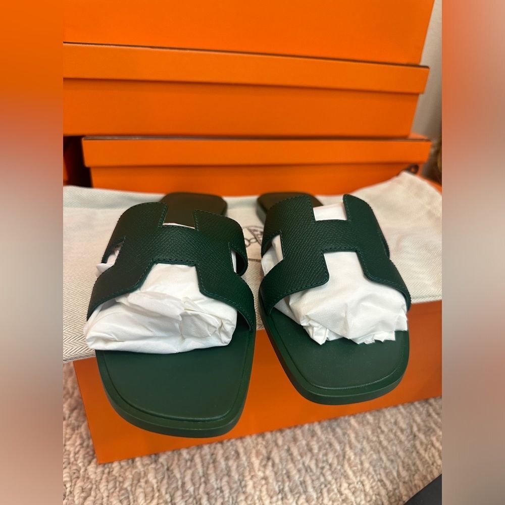 NWT Hermes Oran Sandal Sz 38 SOLDOUT Color Green Vert Cactus with Box, Dust Bags - Picture 4 of 7